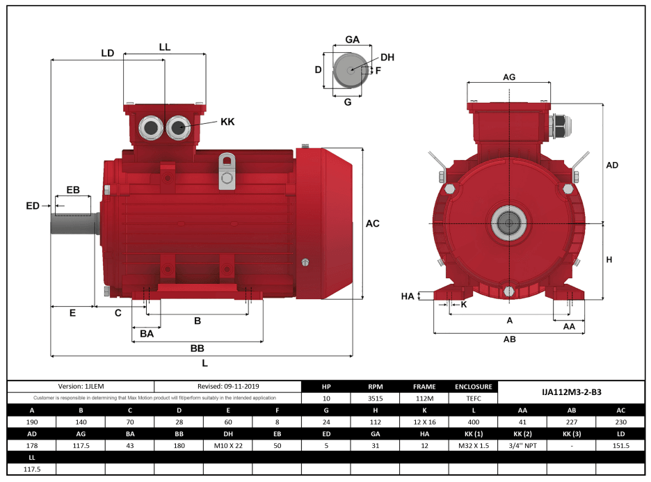 IEC Motor 10HP, 3600RPM, 575/990V, Frame 112M, TEFC | IJA112M3-2-59 - Forces Inc