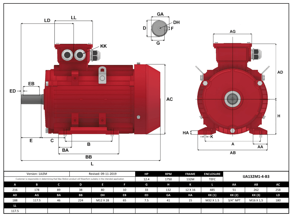 IEC Motor 12.4HP, 1800RPM, 575/990V, Frame 132M, TEFC | IJA132M1-4-59 - Forces Inc