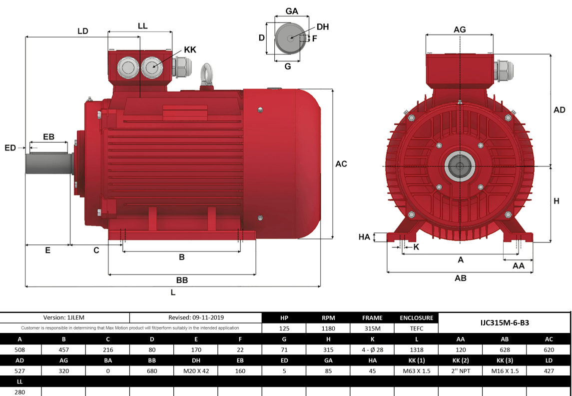 IEC Motor 125HP, 1200RPM, 460/796V, Frame 315M, TEFC | IJC315M-6-47 - Forces Inc