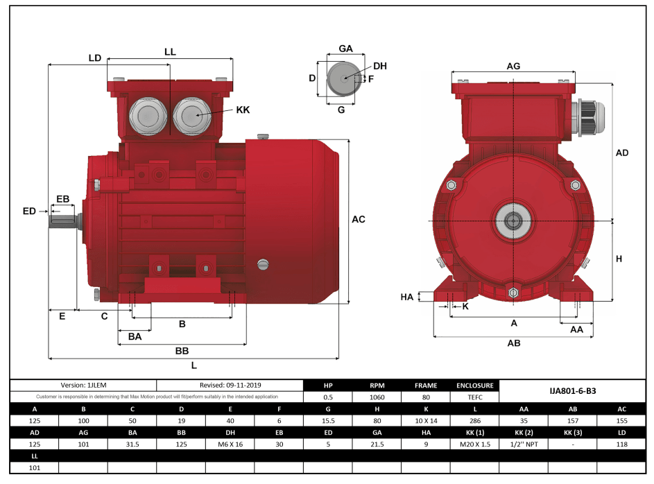 IEC Motor 1/2HP, 1200RPM, 208-230/460V, Frame 80, TEFC | IJA801-6-24 - Forces Inc