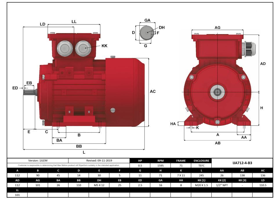 IEC Motor 1/2HP, 1800RPM, 208-230/460V, Frame 71, TEFC | IJA712-4-24 - Forces Inc