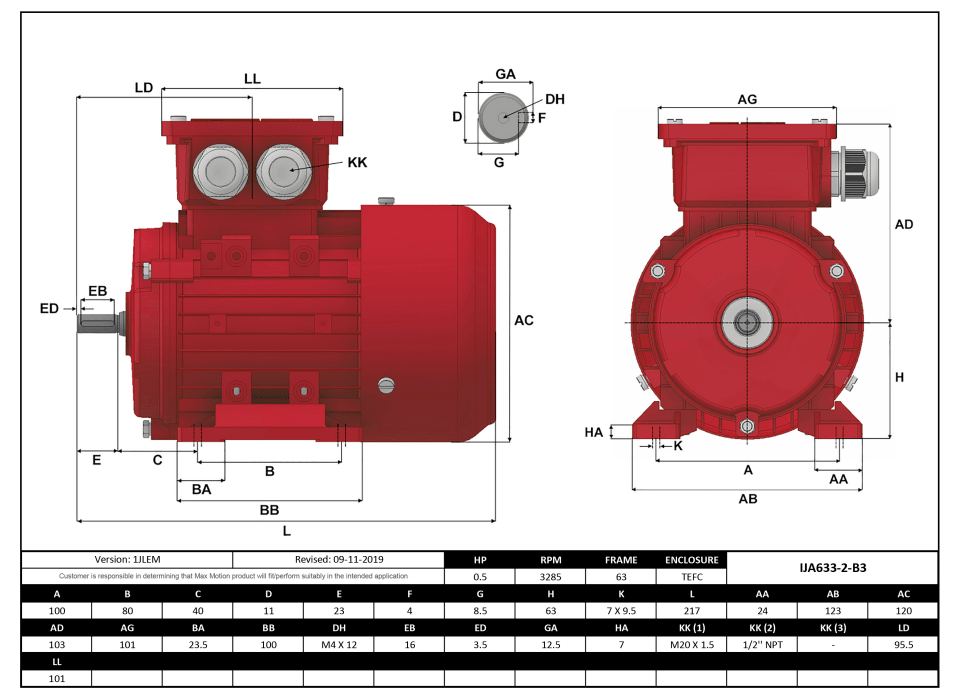 IEC Motor 1/2HP, 3600RPM, 208-230/460V, Frame 63, TEFC | IJA633-2-24 - Forces Inc