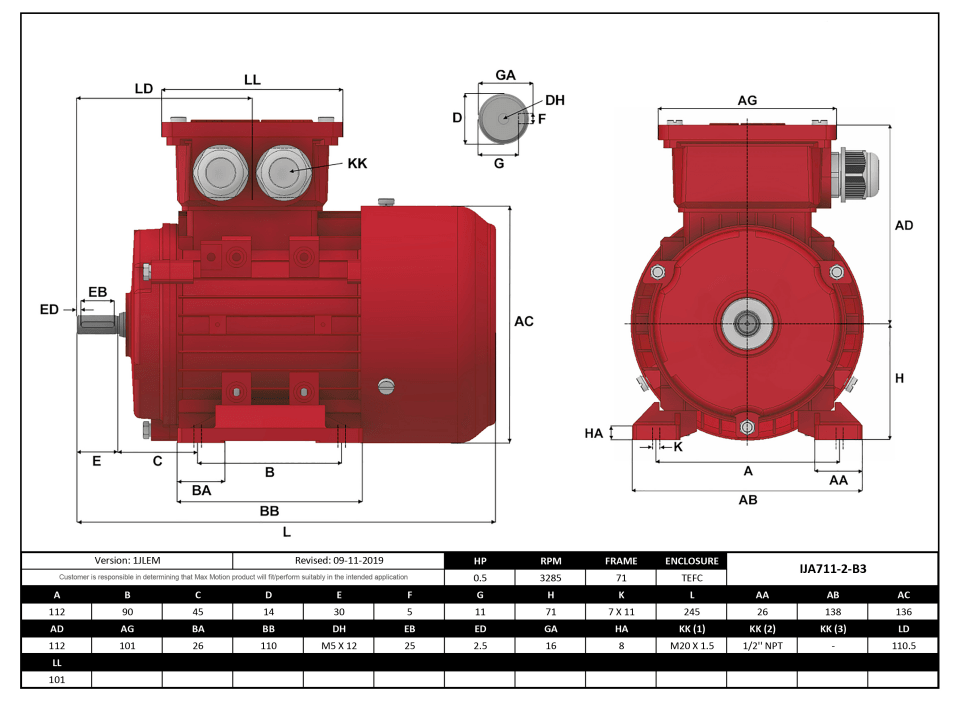 IEC Motor 1/2HP, 3600RPM, 208-230/460V, Frame 71, TEFC | IJA711-2-24 - Forces Inc