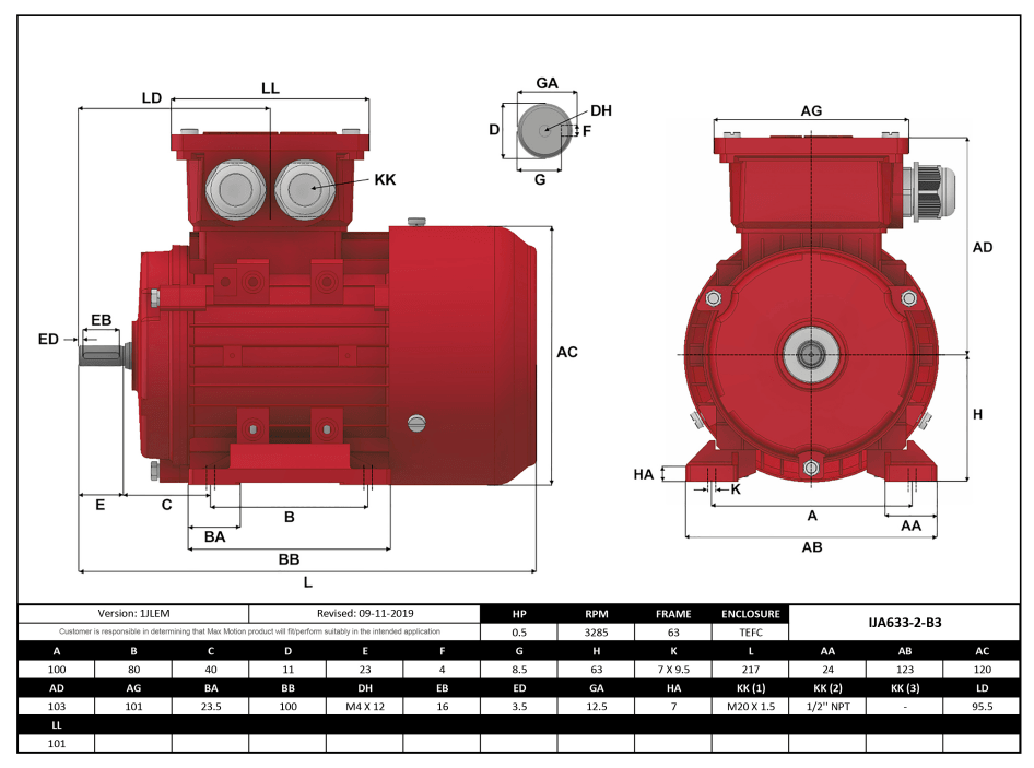 IEC Motor 1/2HP, 3600RPM, 333/575V, Frame 63, TEFC | IJA633-2-35 - Forces Inc