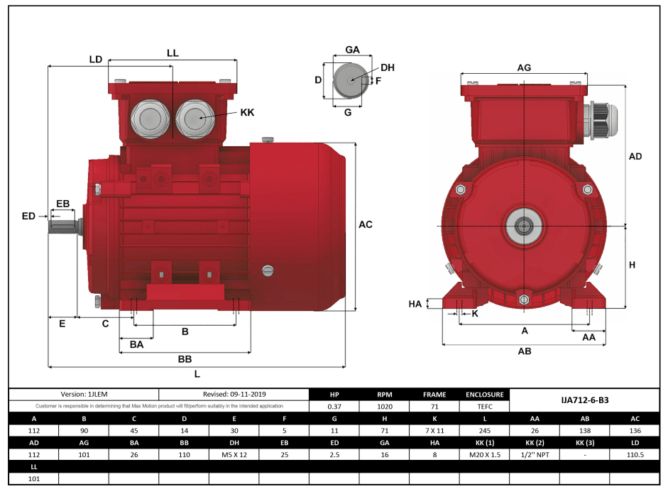 IEC Motor 1/3HP, 1200RPM, 208-230/460V, Frame 71, TEFC | IJA712-6-24 - Forces Inc