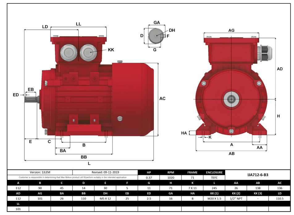 IEC Motor 1/3HP, 1200RPM, 333/575V, Frame 71, TEFC | IJA712-6-35 - Forces Inc