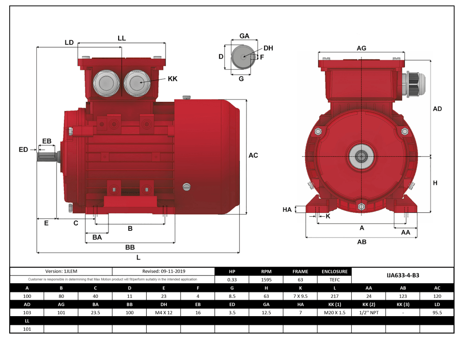 IEC Motor 1/3HP, 1800RPM, 208-230/460V, Frame 63, TEFC | IJA633-4-24 - Forces Inc