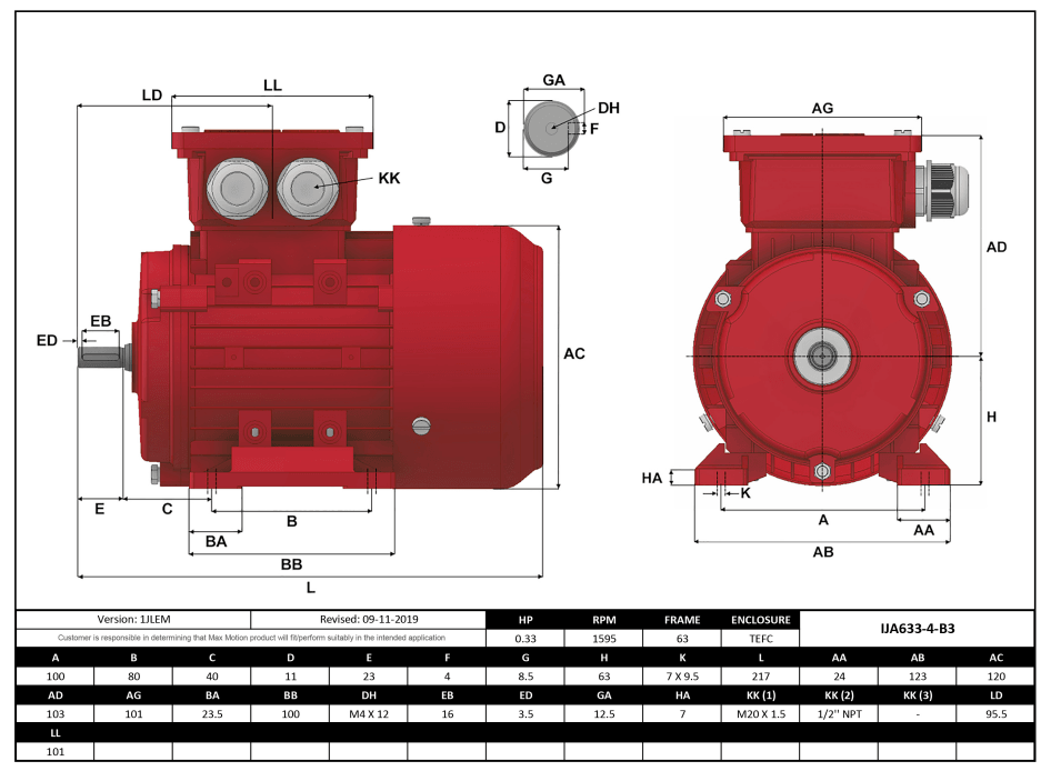 IEC Motor 1/3HP, 1800RPM, 333/575V, Frame 63, TEFC | IJA633-4-35 - Forces Inc