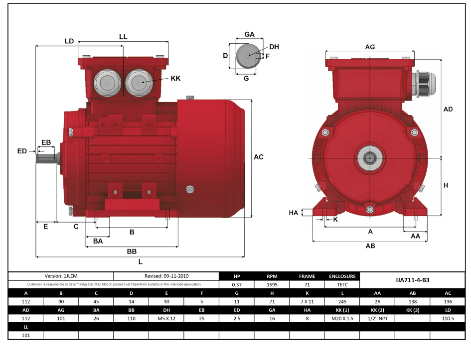 IEC Motor 1/3HP, 1800RPM, 333/575V, Frame 71, TEFC | IJA711-4-35 - Forces Inc