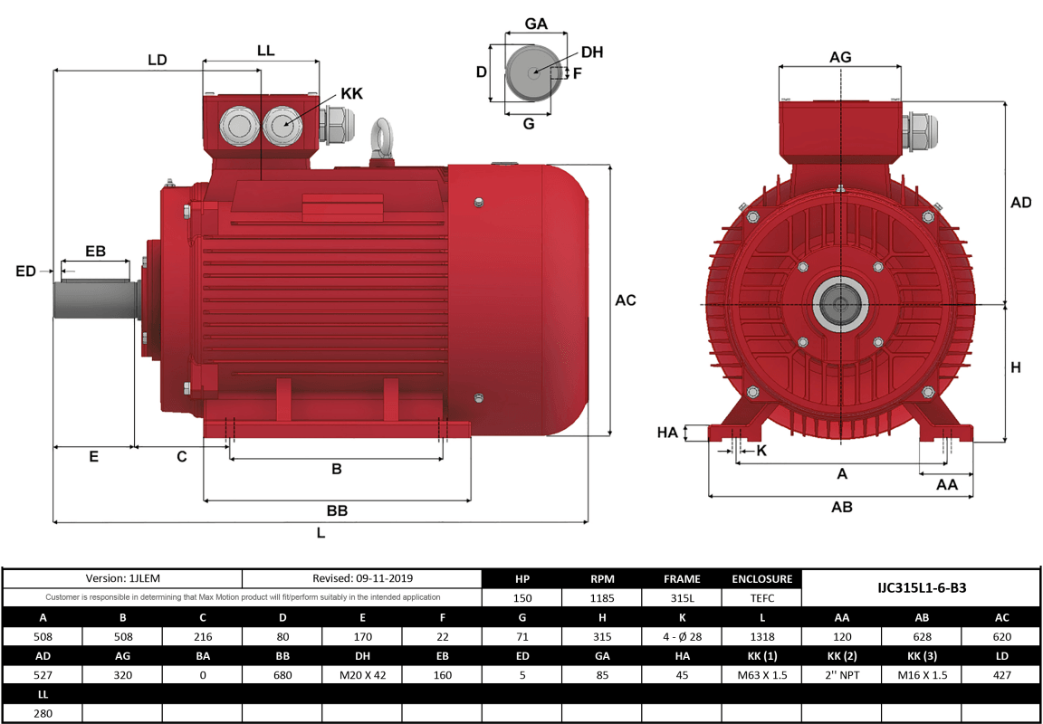 IEC Motor 150HP, 1200RPM, 460/796V, Frame 315L, TEFC | IJC315L1-6-47 - Forces Inc