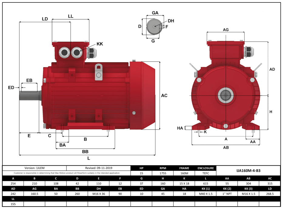 IEC Motor 15HP, 1800RPM, 208-230/460V, Frame 160M, TEFC | IJA160M-4-46 - Forces Inc