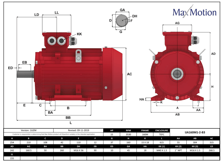 IEC Motor 15HP, 3600RPM, 208-230/460V, Frame 160M, TEFC | IJA160M1-2-46 - Forces Inc