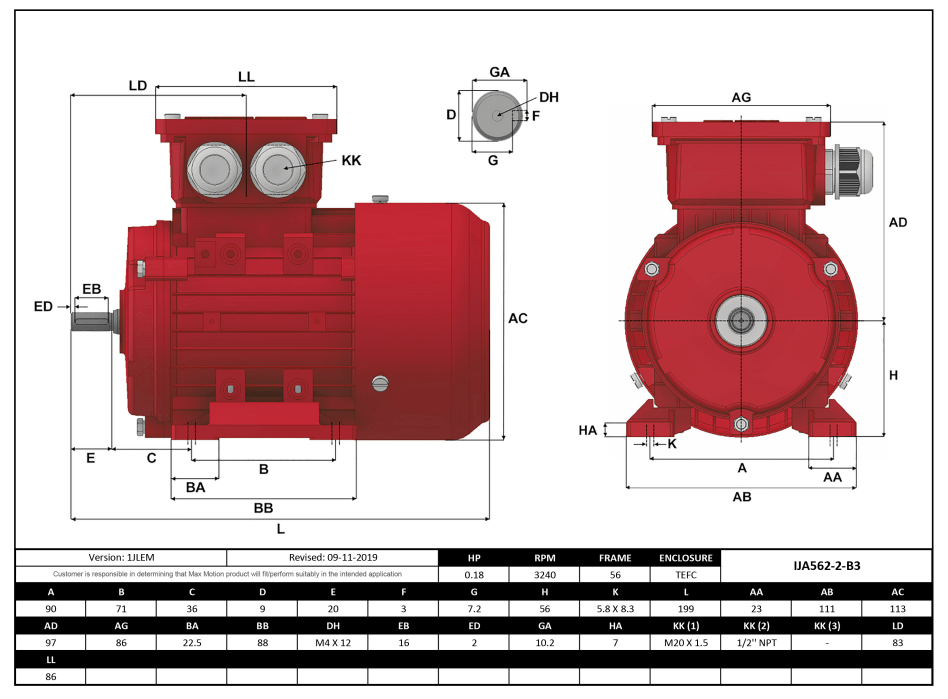 IEC Motor 1/6HP, 3600RPM, 333/575V, Frame 56, TEFC | IJA562-2-35 - Forces Inc