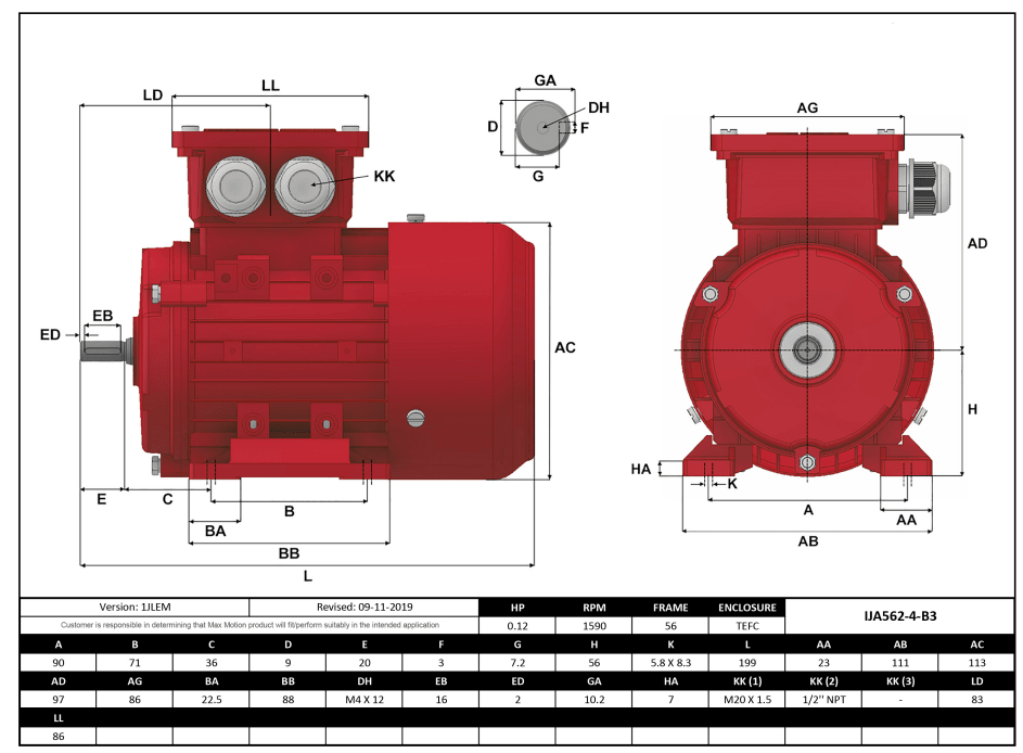 IEC Motor 1/8HP, 1800RPM, 208-230/460V, Frame 56, TEFC | IJA562-4-24 - Forces Inc