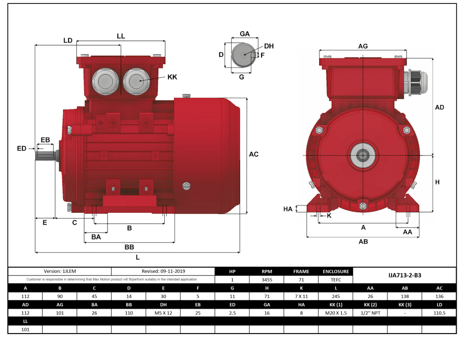 IEC Motor 1HP, 3600RPM, 333/575V, Frame 71, TEFC | IJA713-2-35 - Forces Inc