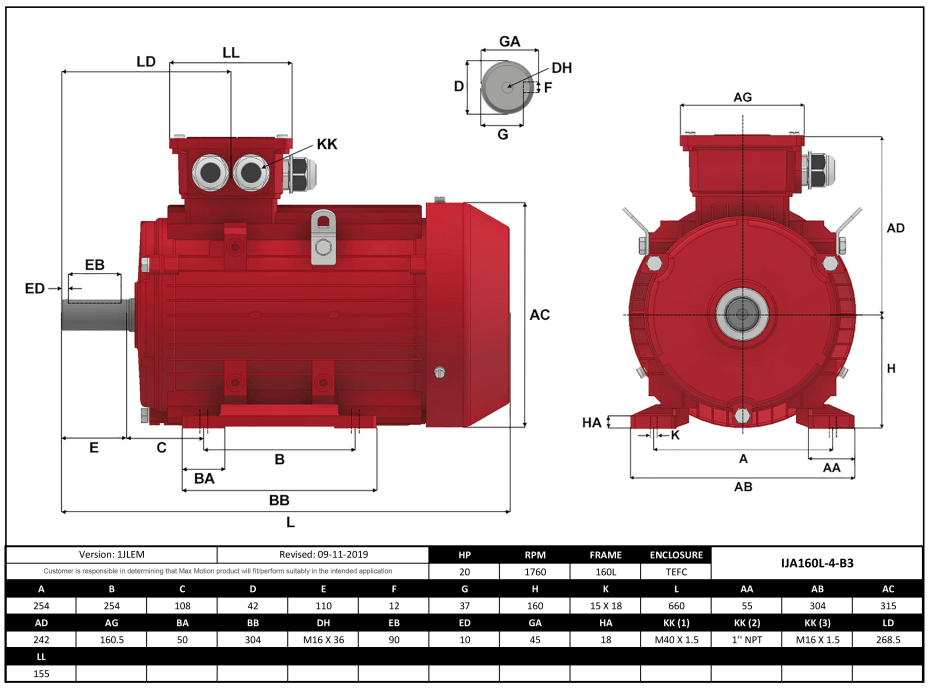 IEC Motor 20HP, 1800RPM, 575/990V, Frame 160L, TEFC | IJA160L-4-59 - Forces Inc