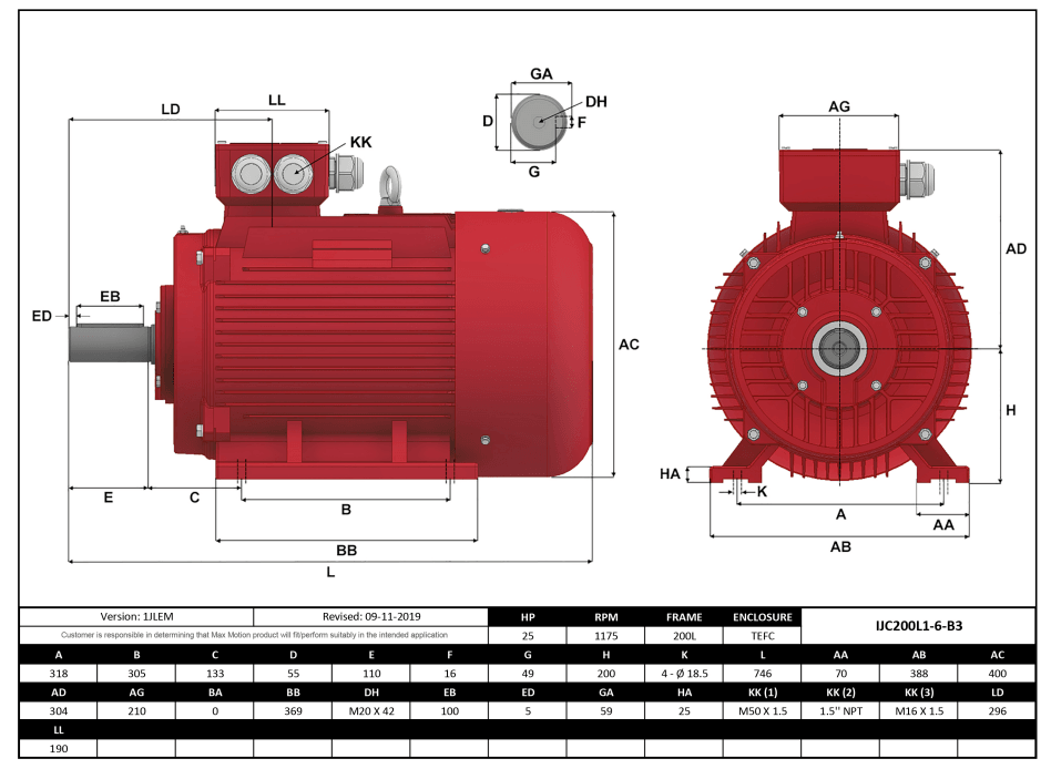 IEC Motor 25HP, 1200RPM, 460/796V, Frame 200L, TEFC | IJC200L1-6-47 - Forces Inc