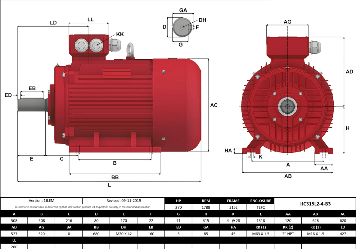 IEC Motor 270HP, 1800RPM, 460/796V, Frame 315L, TEFC | IJC315L2-4-47 - Forces Inc