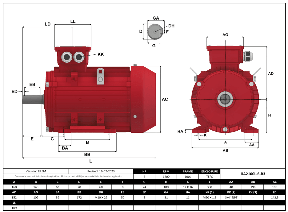 IEC Motor 2HP, 1200RPM, 208-230/460V, Frame 100L, TEFC | IJA2100L-6-24 - Forces Inc