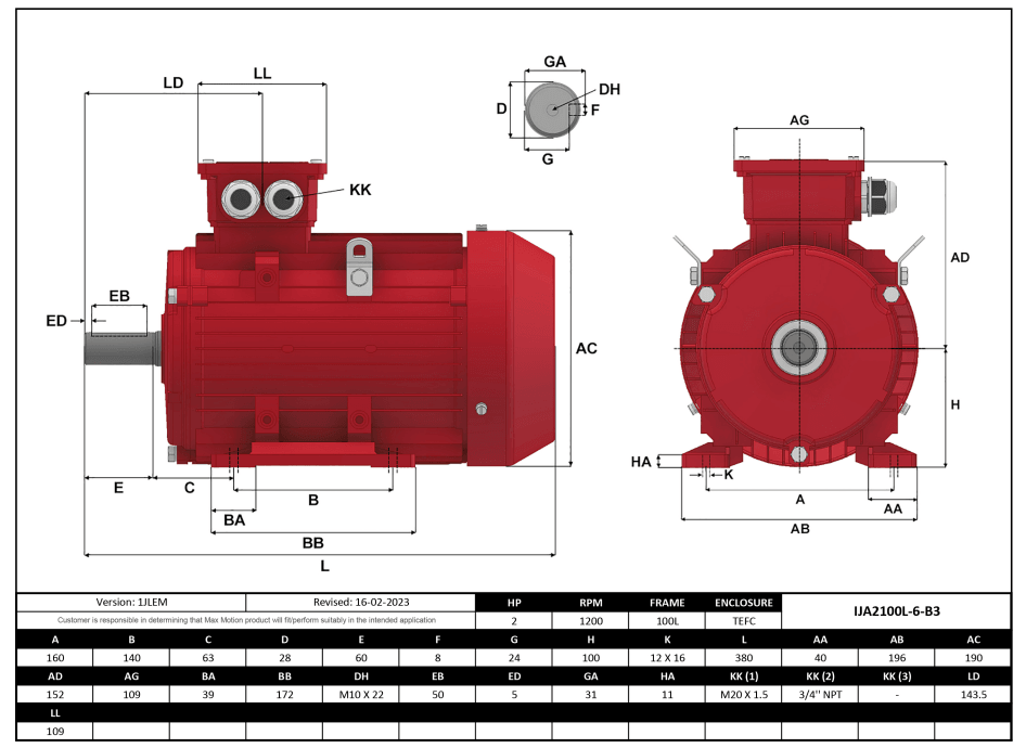 IEC Motor 2HP, 1200RPM, 333/575V, Frame 100L, TEFC | IJA2100L-6-35 - Forces Inc