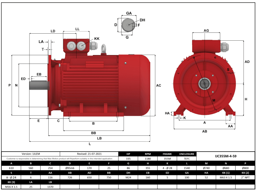 IEC Motor 340HP, 1800RPM, 575/990V, Frame 355M, TEFC | IJC355M-4-59 - Forces Inc