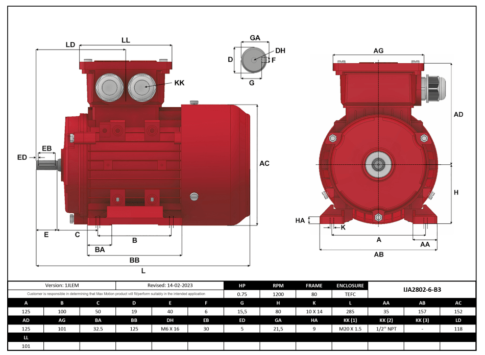 IEC Motor 3/4HP, 1200RPM, 333/575V, Frame 80, TEFC | IJA2802-6-35 - Forces Inc