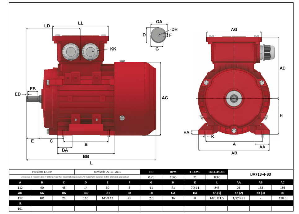 IEC Motor 3/4HP, 1800RPM, 208-230/460V, Frame 71, TEFC | IJA713-4-24 - Forces Inc