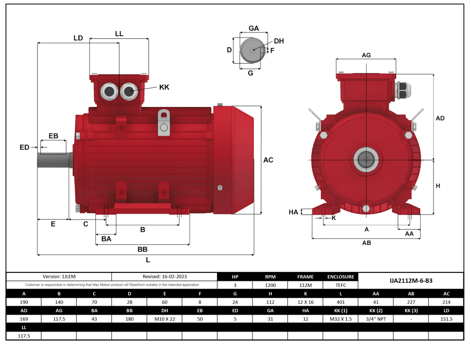 IEC Motor 3HP, 1200RPM, 208-230/460V, Frame 112M, TEFC | IJA2112M-6-46 - Forces Inc