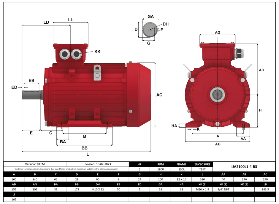 IEC Motor 3HP, 1800RPM, 208-230/460V, Frame 100L, TEFC | IJA2100L1-4-24 - Forces Inc