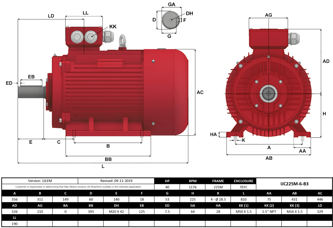 IEC Motor 40HP, 1200RPM, 575/990V, Frame 225M, TEFC | IJC225M-6-59 - Forces Inc