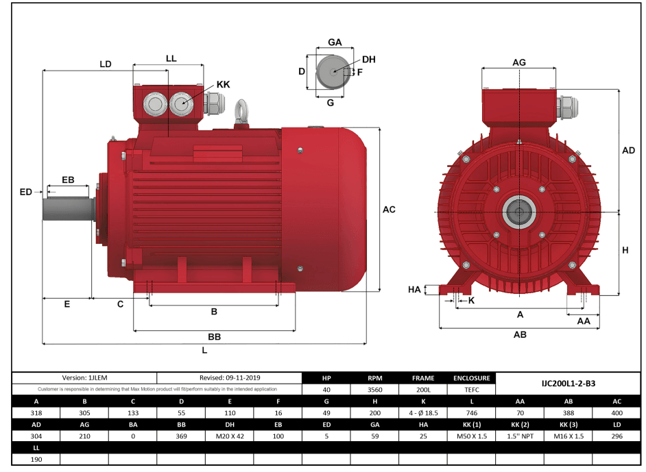 IEC Motor 40HP, 3600RPM, 575/990V, Frame 200L, TEFC | IJC200L1-2-59 - Forces Inc