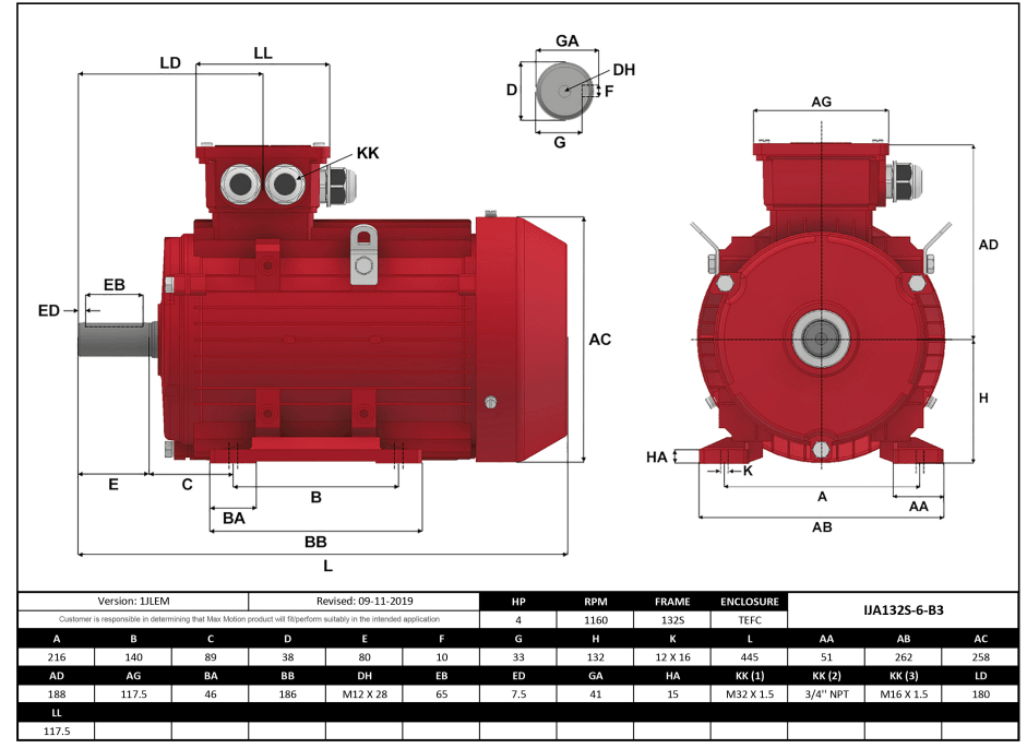 IEC Motor 4HP, 1200RPM, 575/990V, Frame 132S, TEFC | IJA132S-6-59 - Forces Inc