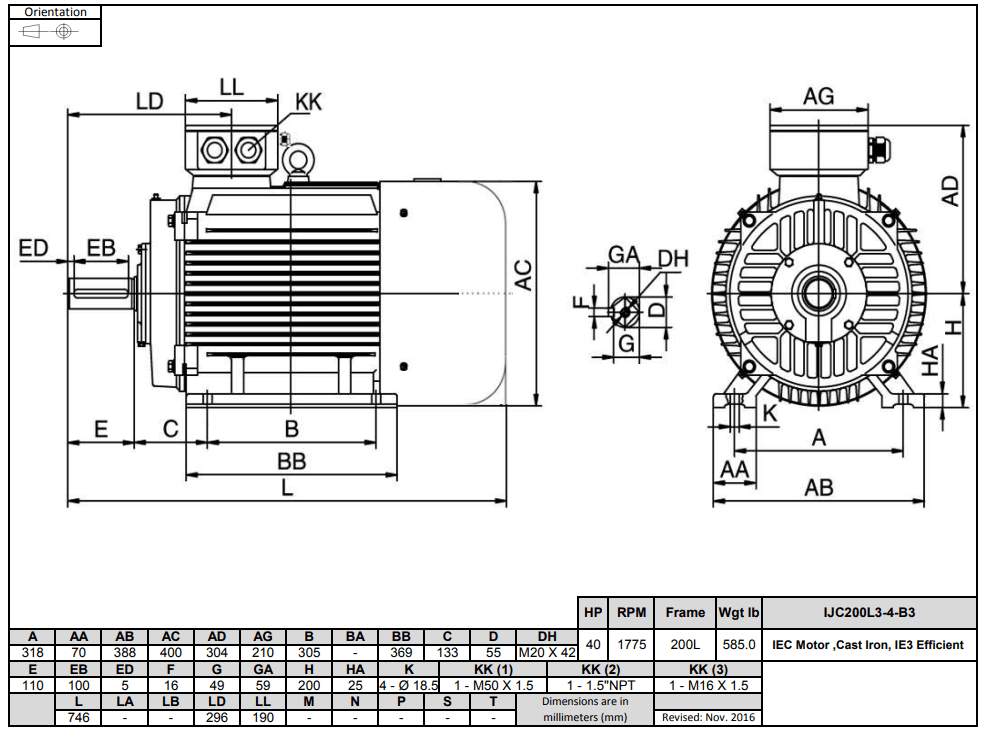 IEC Motor 50HP, 1800RPM, 460/796V, Frame 200L, TEFC | IJC200L3-4-47 - Forces Inc