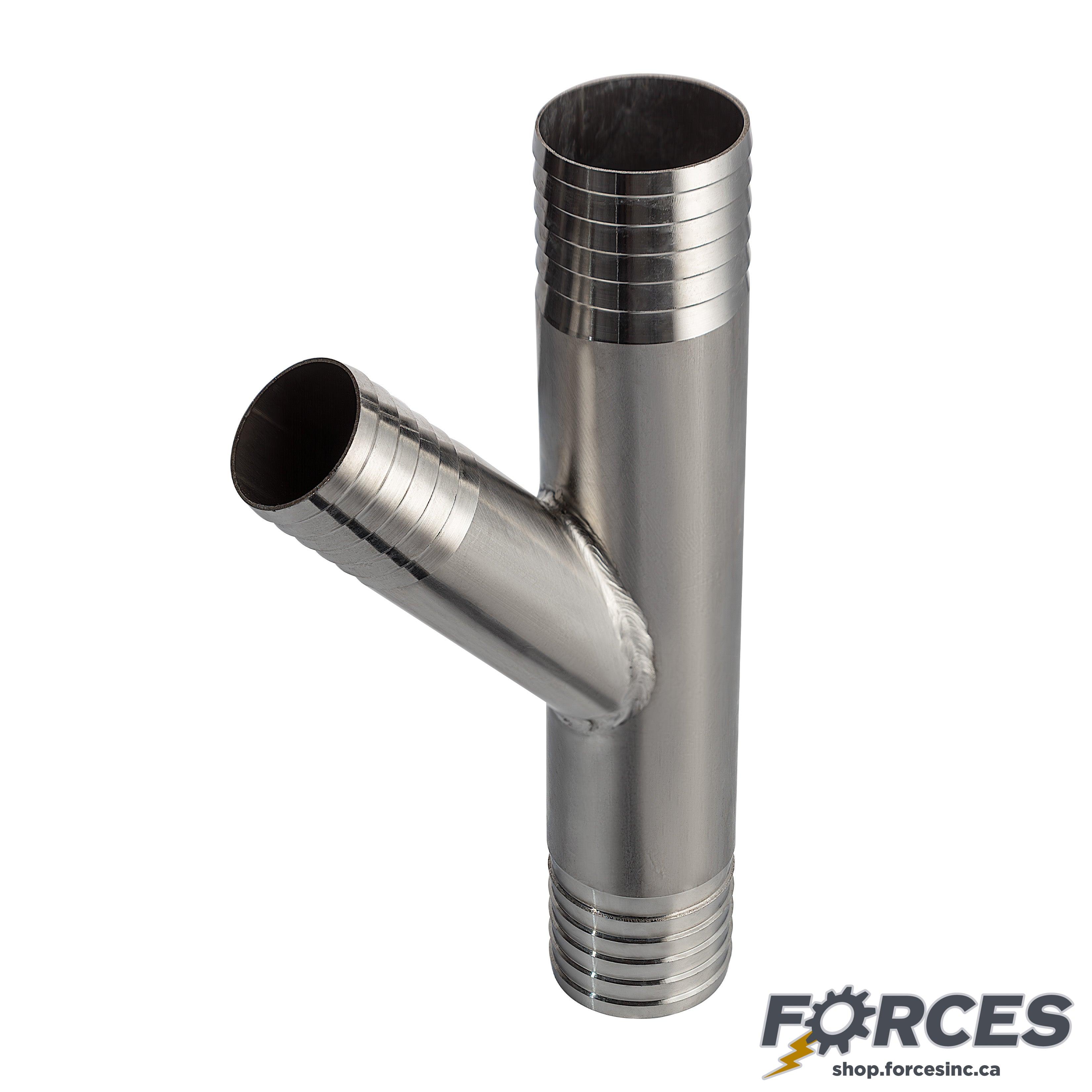 Lateral Tee Y Reducer 1-1/2" x 1" Hose Barb - Stainless Steel 304 - Forces Inc