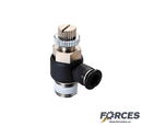 Push To Connect Flow Control Valve Elbow 1/4" Tube x 10-32 NPT (Meter In) - Compact - Forces Inc