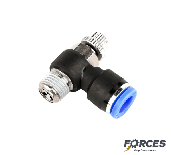 Push To Connect Flow Control Valve Elbow 1/4" Tube x 1/4" NPT (Meter In) - Forces Inc