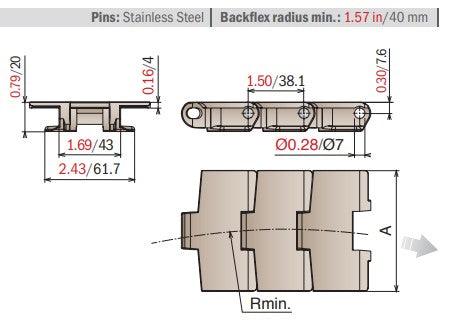 Series 880 TAB Table Top Chain, Sideflexing 3-1/4" Wide (LF) - 10ft | LF 880 TAB K325 - Forces Inc