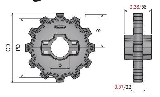 Split Drive Conveyor Sprocket (Molded) Series 882 (Bevel/TAB) - 1-1/2" Bore, 10 Teeth - Forces Inc