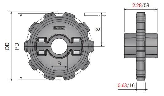 Split Idler Conveyor Sprocket (Molded) Series 880 (Bevel/TAB) - 1-1/2" Bore, 10 Teeth - Forces Inc