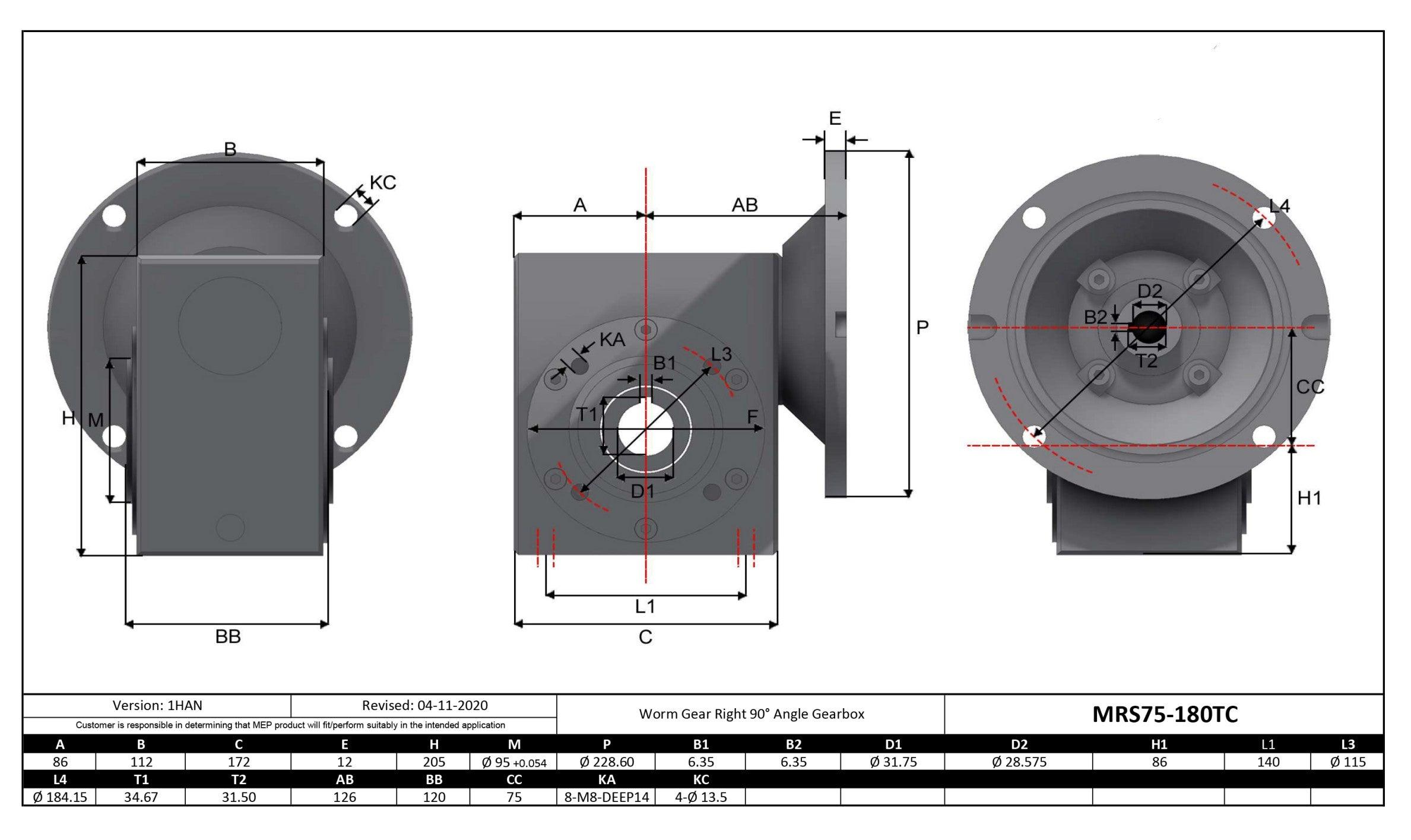 Stainless Steel Gearbox 180TC 10:1 Size 75 Bore 1.25" - Forces Inc