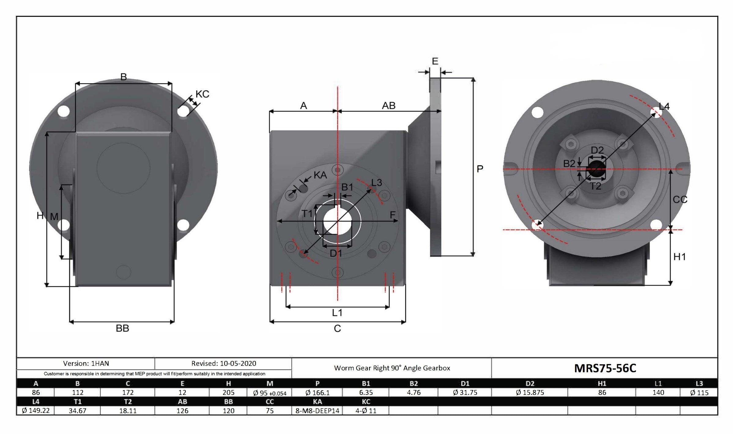 Stainless Steel Gearbox 56C 100:1 Size 75 Bore 1.25" - Forces Inc