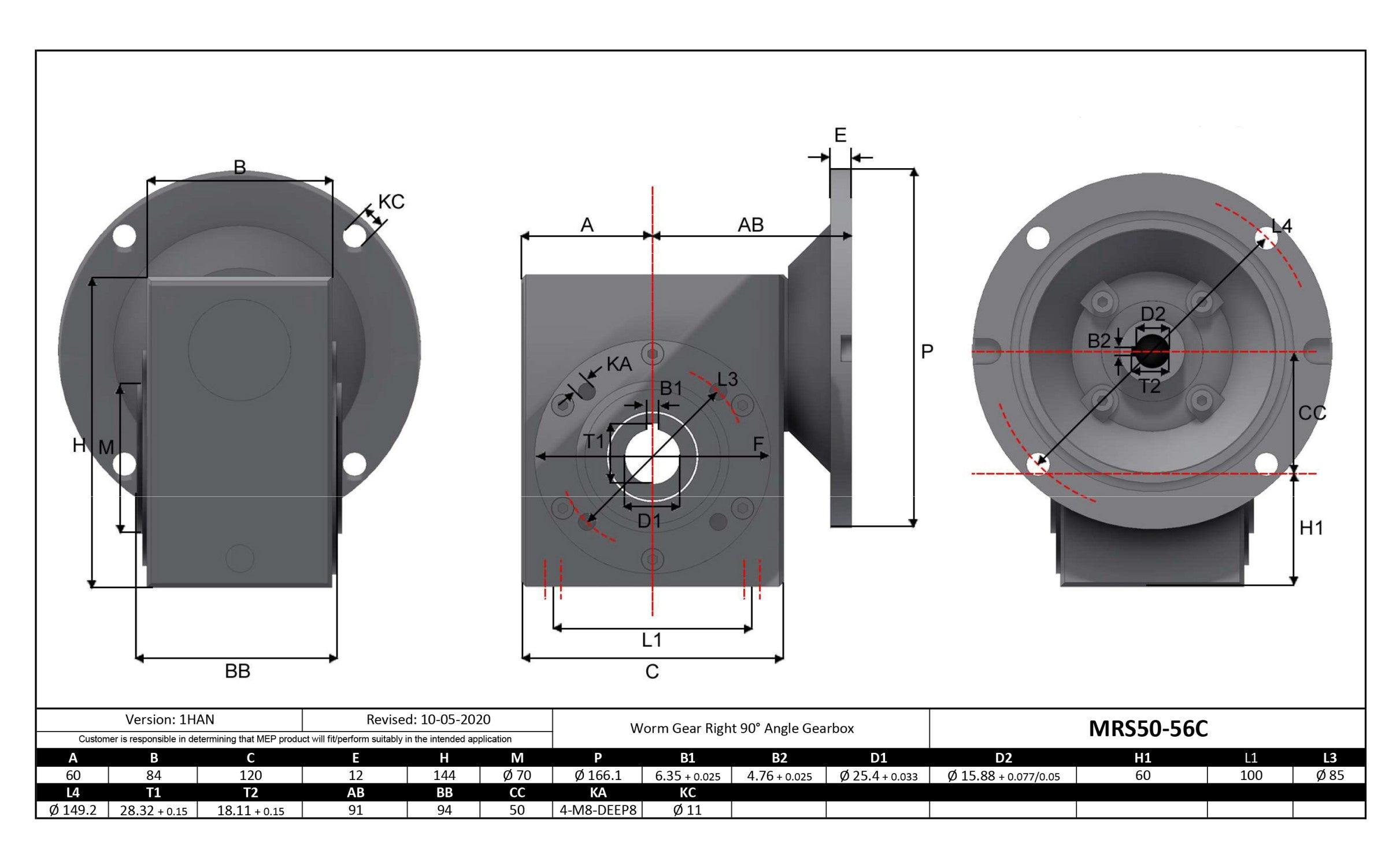 Stainless Steel Gearbox 56C 7.5:1 Size 50 Bore 1" - Forces Inc