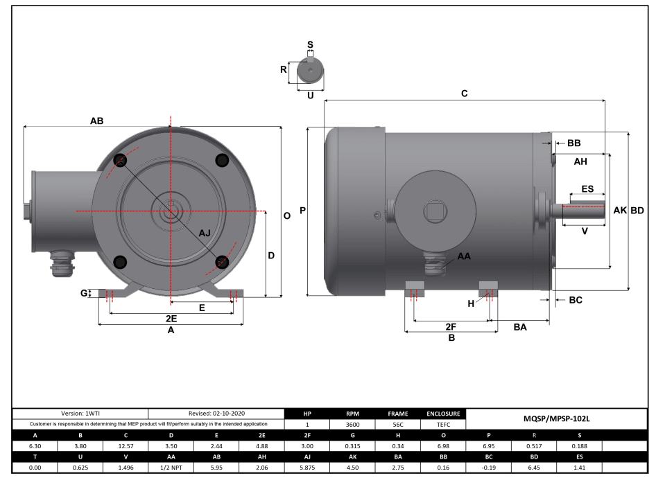 Stainless Steel Motor 1HP, 3600RPM, 575V, Frame 56C, TEFC, Rigid Base | MPSP-102L - Forces Inc